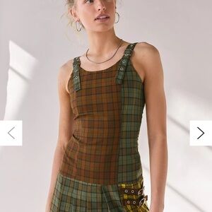 AKIRA Green and Brown Plaid Dress with Buckle Accents